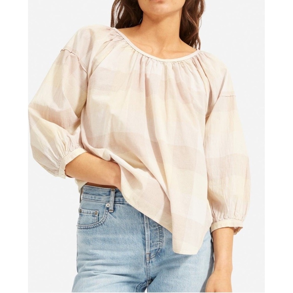 Everlane Women's 3/4 Sleeve Plaid Blouse Tie Back‎ Casual Top